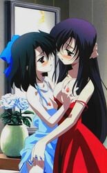 2girls black_hair blue_dress blue_ribbon blush breast_grab breasts brown_eyes dress female flower gotou_junji hair_ribbon katsura_kotonoha kiyoura_setsuna long_hair multiple_girls nipples official_art red_dress red_eyes ribbon school_days shiny_days short_hair summer_days yuri