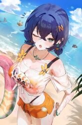 1girls adjusting_clothes bangboo_(zenless_zone_zero) beach belle_(summer_skies)_(zenless_zone_zero) belle_(zenless_zone_zero) bikini blue_hair blush breasts cleavage collarbone day desire_(des1re) dutch_angle eous_(zenless_zone_zero) female green_eyes highres horizon innertube looking_at_viewer medium_breasts navel ocean official_alternate_costume one_eye_closed orange_bikini orange_shorts shirt short_hair shorts solo stomach swim_ring swimsuit tied_shirt wet wet_clothes wet_shirt white_shirt zenless_zone_zero