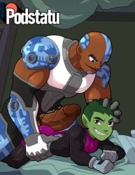 2boys beast_boy big_dick bigger_dom_smaller_sub bulge cybernetic_limbs cyborg cyborg_(dc) dark-skinned_male dark_skin dc dc_comics garfield_logan gay green_hair green_skin imminent_anal imminent_penetration imminent_sex male male_only podstatu sex size_difference tearing_clothes tearing_clothing teen_titans yaoi