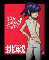 asian asian_female ass ass_focus blue_hair breasts clothed clothed_female female female_only gorillaz hands_on_hips harrisartz noodle_(dare) noodle_(gorillaz) small_smile teenage_girl teenager
