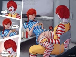 2futas carlosdlimaart clown clown_girl clown_makeup dialogue dress eating futanari genderswap_(mtf) internal intersex mcdonald's red_hair ronald_mcdonald rule_63 smirk speech_bubble tagme wendy's wendy_thomas