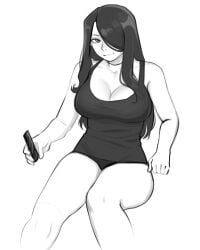 black_dress black_hair choker fuck_me_eyes hair_over_one_eye large_breasts looking_at_viewer monochrome nila_(telepurte) phone short_dress sitting tagme telepurte thick_thighs wide_hips