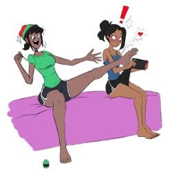 2girls absurdres barefoot beanie bed best_feet best_girl black_girl blush blushing choker cute cute_girl dark-skinned_female erection excited_female feet feet_up female_focus females_only foot_fetish foot_worship futanari green_shirt green_toenail_polish happy_female highres imminent_foot_worship imminent_footjob intersex nail_polish nintendo_switch oc original_character pedicure presenting_feet sexy_feet showing_feet skyla_cruz soles surprised_expression toes whispmuffin white_background