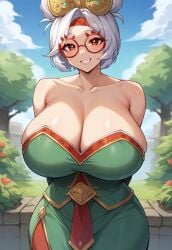 1girls ai_generated big_breasts breasts civitai cleavage clouds collarbone dress exposed_shoulders female glasses gown highres large_breasts light-skinned_female nintendo outside purah purah_(tears_of_the_kingdom) red_eyes red_glasses sheikah skin_tight smile solo tears_of_the_kingdom the_legend_of_zelda white_hair
