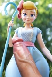 3d ai_generated blonde_hair blue_eyes bo_peep clothed disney looking_at_penis penis pixar smile toy_story toy_story_4