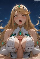 1boy ai_generated areolae bangs bare_shoulders between_breasts blonde_hair blush breast_grab breast_press breasts breasts_squeezed_together chest_jewel cleavage cleavage_cutout clothed_female clothed_female_nude_male clothing clothing_cutout crown dark_skin dress earrings elbow_gloves erection female female gem gloves groping headpiece headwear hikari_(xenoblade_2) jewelry jousneystudio large_breasts large_penis long_hair looking_at_viewer male male_pov mythra mythra_(xenoblade) night night_sky nintendo nipples nude nude_male open_mouth outdoors paizuri paizuri_under_clothes penis saliva sex sky sleeveless smile solo_focus straight sweat swept_bangs teeth tiara tongue tongue_out upper_body veins veiny_penis white_dress white_gloves xeno_(series) xenoblade_(series) xenoblade_chronicles_2 yellow_eyes