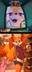 absurd_res alien ambiguous_gender anthro bag bat_(shape) bat_decoration bed black_body black_fur black_nose blush bottomwear box braixen brown_hair chest_tuft claws clothed clothing container dialogue digital_media_(artwork) dipstick_ears dipstick_tail ear_markings english_text extreme_close-up extreme_size_difference fangs finger_claws footwear fur furniture generation_6_pokemon group hair halloween_decoration hi_res hoodie human inner_ear_fluff inside its-holt larger_ambiguous larger_anthro larger_male living_sex_toy looking_down looking_up macro macro_ambiguous macro_anthro macro_male male mammal markings micro micro_abuse micro_human multicolored_ears multicolored_tail nintendo object_in_tail open_mouth pants pokemon pokemon_(species) pokemorph red_body red_eyes red_fur sex_toy shirt shoes signature size_difference smaller_human smaller_male stick stick_in_tail store tail tail_markings teeth text tongue topwear trio tuft watermark white_body white_fur yellow_body yellow_fur