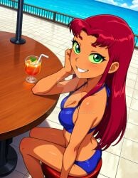 2025 ai_generated beach cartoon_network city dc_comics dcau deviantart drink elryusam green_eyes meta not_porn orange_body orange_skin purple_bikini red_cheeks red_eyebrows red_hair starfire_(teen_titans) teen_titans teeth_showing warner_bros._animation