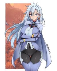 a ass_visible_through_thighs bangs blue_eyes blush bodysuit breasts closed_mouth cowboy_shot crossed_arms earrings eyebrows_visible_through_hair female gloves jewelry long_hair silver_hair solo thigh_gap twitter_username xenoblade_(series) xenoblade_chronicles_3