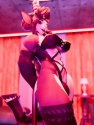 3d anthro big_breasts big_penis blender_(artwork) blender_cycles bovid breasts caprine clothing dancing digital_media_(artwork) female futanari genitals goat hi_res intersex lingerie mammal mereo muscular muscular_female penis pole pole_dancing solo stella_(dayumboai)