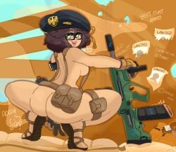 alyssa_(guiltyosheep) armband assault_rifle beret black_beret black_hat blush breasts brown_footwear brown_hair brown_sandals bullpup eyebrows_visible_through_hair female floofy_hair from_behind glasses glasses_only gloves gloves_on gloves_only green_hair guiltyosheep gun looking_at_viewer looking_back looking_behind magazine_pouch medium_hair military_hat naked naked_female naked_footwear naked_glasses naked_gloves naked_sandals naked_with_shoes_on naked_woman nude nude_female nude_glasses nude_gloves nude_sandals open_mouth poofy_hair pouch pouches round_teeth sandal_soles sandals sandals_soles solo squatting squatting_female squatting_position tar-21 tavor tavor_tar-21 thigh_pouch two-tone_gloves