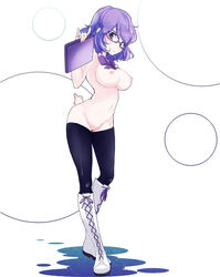 1girls boots breasts chorimokki digimon digimon_world digimon_world_re:digitize female female_only glasses human mirei_mikagura nipples purple_eyes purple_hair pussy solo thighhighs topless uncensored