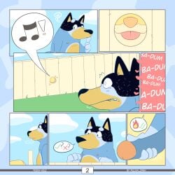 2025 anthro artist_name australian_cattle_dog bandit_heeler bird_dog black_body black_ears black_fur black_nose black_tail blue_body blue_fur blue_tail bluey_(series) blush bodily_fluids canid canine canis cattledog clenched_teeth cloud colored comic comic_panel digital_drawing_(artwork) digital_media_(artwork) domestic_dog duo english_text fence fingers fire_emoji front_view fur genital_fluids genitals glory_hole grass heart_symbol herding_dog hi_res holding_penis hunting_dog labrador looking_at_another male male/male mammal multicolored_body multicolored_fur nipples nude obese obese_anthro onomatopoeia overweight overweight_anthro pastoral_dog pat_(bluey) penis plant question_mark retriever simple_background smile sound_effects speech_bubble sweat tail teeth text tongue tongue_out two_tone_tail yellow_body yellow_ears yellow_fur yellow_omen