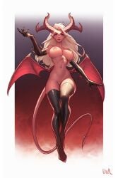 1girls black_gloves black_legwear blonde_hair blue_eyes breasts demon_girl demon_horns demon_tail elbow_gloves female gloves horns large_breasts long_hair looking_at_viewer low_wings navel nipples nude open_mouth original pointy_ears pussy red_skin solo spikes tail thighhighs ullr wings