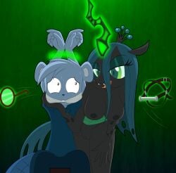 anthro arthropod beaver bedroom_eyes bodily_fluids bridle changeling crown culu-bluebeaver duo eyewear female friendship_is_magic gag glasses hasbro headgear horn humanoid levitation magic male male/female male_bondage mammal my_little_pony narrowed_eyes nervous nude queen_chrysalis_(mlp) rodent seductive smile sweat sweatdrop