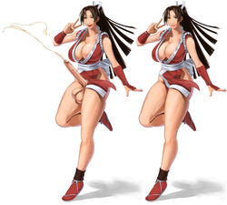 1girls areola balls breasts brown_hair busty cleavage cum ejaculation erection fatal_fury futanari hair handsfree_ejaculation huge_breasts huge_cock huge_testicles human intersex kimono king_of_fighters long_hair mai_shiranui nipples no_panties penis shoes simple_background siranui testicles uncensored v voluptuous