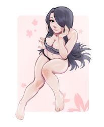 1girls crop_top hair_over_one_eye holding_face large_breasts looking_at_viewer nila_(telepurte) sitting slim_waist tagme telepurte thick_thighs thong wide_hips