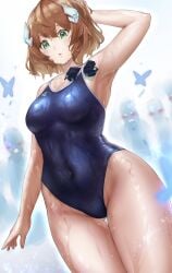 1girl 1girls anno_akira arm_at_side armpit blush curvy duel_masters embarrassed female female_only large_breasts looking_down one-piece_swimsuit school_swimsuit thick_thighs voluptuous wet wet_skin wide_hips