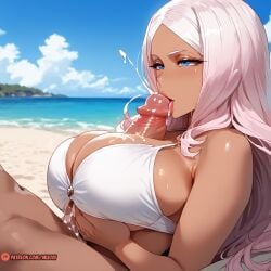 1boy 1boy1girl ai_generated big_breasts blue_eyes breast_grab breasts cum cum_in_mouth cum_on_breasts cum_on_face curvaceous curvy dark-skinned_female en'en_no_shouboutai enen_no_shouboutai female fire_force licking_penis mixoai naughty_face paizuri paizuri_lead_by_female penis pink_hair princess_hibana side_view straight tan_body thicc titjob