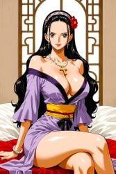 ai_generated anime bare_shoulders bed bed_covers black_hair black_ribbon bracelet christian_cross cleavage cross_earrings cross_necklace earrings fantasy female_focus flower_in_hair headband hot jewelry large_breasts legs_crossed looking_at_viewer obi off_shoulder_kimono one_piece purple_kimono queen rose royalty seductive seductive_look sexy shonen_jump smiling solo thick_thighs trj viola_(one_piece) voluptuous_female