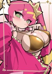 bikini blonde_hair blush breasts cowboy_shot duel_monster female gold_bikini golden_week golden_week_bikini green_eyes highres huge_breasts jacket ki-sikil_(yu-gi-oh!) live_twin_ki-sikil long_hair multicolored_hair open_clothes open_jacket pink_background pink_hair pink_jacket simple_background solo streaked_hair swimsuit twintails two-tone_hair urasuka very_long_hair yu-gi-oh!