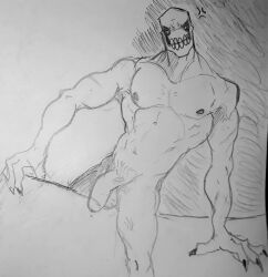 anthro balls bara dedan dedan_(off) flaccid genericboxhead male male_only monochrome muscles muscular nude off_(game) penis solo solo_male