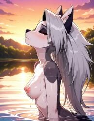 2025 afternoon ai_generated black_ears breasts closed_eyes clouds deviantart elryusam forest furry helluva_boss lake loona_(helluva_boss) meta naked_female nude_female porn pornography sky_background sun sunlight sunlight_rays sunset vivziepop wet_body wet_skin white_hair youtube