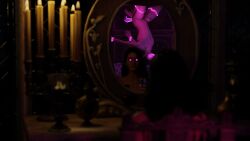 1boy 1girls 3d 3d_(artwork) 3d_render anal_sex black_hair bondage gagged glowing_eyes hand_on_mouth mage_hand magic magic_cock_ring mirror mirror_reflection purple_eyes the_witcher_(series) upside-down upside-down v01dwatcher yennefer