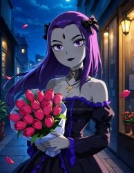 2025 ai_generated black_hairband black_lipstick black_necklace cartoon_network clouds cross_necklace dark_dress dc_comics dcau deviantart elryusam grey_body grey_skin holding_flowers jewel_on_forehead looking_at_viewer meta moon moonlight night night_sky not_porn purple_eyes raven_(teen_titans) sky_background smile_at_viewer smiling_at_viewer teen_titans