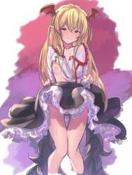absurdres betabeet black_skirt blonde_hair breasts closed_mouth collarbone female granblue_fantasy head_wings highres lifting_own_clothes long_hair looking_at_viewer nipples one_breast_out pointy_ears presenting princess_connect! pussy pussy_juice red_eyes red_wings shadowverse shingeki_no_bahamut shirt skirt small_breasts smile solo standing straight_hair vampy wavy_mouth white_shirt wings