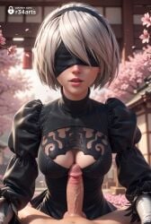 1boy 1boy1girl 1girls 2b_(nier:automata) ai_generated artist_name black_blindfold black_dress black_hairband blindfold breasts cherry_blossoms cleavage cleavage_cutout clothed_female_nude_male clothing_cutout covered_eyes dress erection facing_viewer feather-trimmed_sleeves gloves hairband hi_res juliet_sleeves lips long_sleeves medium_breasts mole mole_on_breast mole_under_mouth navel nier:_automata nier_(series) nier_replicant nose parted_lips patreon_logo patreon_username penis petals pov puffy_sleeves r34arts short_hair solo_focus straight uncensored upper_body veins veiny_penis web_address white_hair yorha_2b