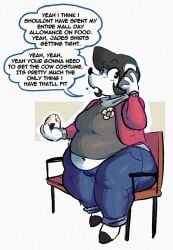 1girls anthro anthro_only bbw bench black_hair chubby chubby_female dialogue eating english_text exposed_stomach female fully_clothed fully_clothed_female furry furry_only jeans phone phone_call punkitt sitting sitting_down text weight_gain wolfgirl9million