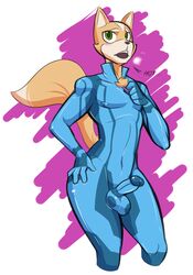 ... 1boy 2014 anthro balls bodysuit breath bulge canine clothed clothing crossdressing english_text erection fox fox_mccloud fur furry hi_res male male_only mammal muscles nintendo nipples open_mouth pecs penis rokiloki skin_tight solo standing star_fox suit teeth testicles text video_games zero_suit