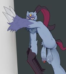 absurd_res anthro ass balls big_penis biped claws colored crotch_tuft darkluxia flaccid forehead_gem foreskin fur gem generation_8_pokemon genitals hi_res humanoid_genitalia humanoid_penis long_claws looking_at_viewer male nintendo penis pokemon pokemon_(species) purple_body purple_fur raised_leg saggy_balls sneasler solo tail toe_claws tuft vein veiny_penis