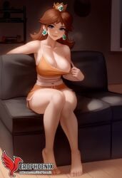 1girls 2d ai_generated bangs bare_shoulders barefoot blue_eyes breasts brown_hair cleavage crown earrings erophoenix feet indoors jewelry large_ass large_breasts long_hair looking_at_viewer mario_(series) nintendo orange_panties pale_skinned_female panties patreon_username princess_daisy sitting smile solo strap_slip super_mario_bros. super_smash_bros. sweat toes uncensored v_arms