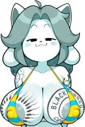ai_generated anthro big_breasts bnwo body_writing breasts edit edited female furry large_breasts sling_bikini slingshot_bikini slingshot_swimsuit smug tattoo tattoos temmie temmie_(undertale) undertale undertale_(series)