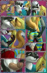 anthro ass ass_grab big_penis blonde_hair blue_eyes bulge canine comic erection fox fur furry furry_only gay girly green_eyes hair kissing male penis precum raccoon rain420 romantic sex uncut