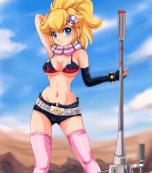 1girls 2008 belly belly_button belt bikini_top blonde_female blonde_girl blonde_hair_female blue_eyes cleavage cosplayer crunchyroll deviantart female female_only fingerless_gloves gainax gloves hair_ornament high_ponytail long_gloves meta navel netflix nintendo not_porn pink_thighhighs ponytail princess_peach scarf short_shorts sigurdhosenfeld solo solo_female studded_belt super_mario_bros. tengen_toppa_gurren_lagann thighhighs tummy underboob weapon yoko_littner yoko_littner_(cosplay)
