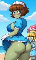 ai_generated beach bikini_zombie_(pvz) blonde_hair blonde_hair_female blue_clothing blue_eyes blush blushed brown_hair parasol parasol_zombie_(pvz) plants_vs_zombies pussy