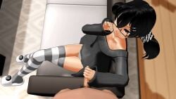1boy 3d absolute_territory animated black_clothing black_eyes black_hair black_topwear female female_focus flashing gif glasses hair_between_eyes hairband hairclip hand_on_penis handjob loafers lollipop male masturbating_other nipples non-web_source one-handed_masturbation panties penis pigtails pov pubes pubic_hair small_breasts striped_legwear sucking_lollipop sweater teasing thighhighs thighs twintails