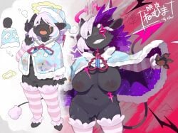 1girls 2025 anthro areola areolae armwear big_breasts black_fur breasts caprine clothed clothed_anthro clothed_female clothing demon digital_media_(artwork) duo female female_only front_view fur furry grey_body grey_fur grey_tail grin hi_res horizontal_pupils horn kame_3 legwear mammal navel nipples one_eye_closed original purple_eyes sharp_teeth sheep solo standing striped_thighhighs tail teeth text thigh_highs thighhighs translated yawn