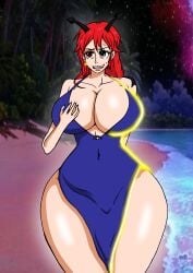 alien_girl alien_humanoid beach big_ass big_breasts big_butt bounty_way breasts dress female_only girl hand_on_breast nervous nervous_smile rebecja red_hair science_fiction standing talking talking_to_partner