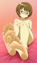 2025 ai_generated barefoot brown_eyes brown_hair feet female female_focus foot_fetish foot_focus glasses looking_at_viewer mahou_shoujo_madoka_magica naked naked_female nude nude_female puella_magi_madoka_magica red_glasses saotome_kazuko short_hair smile smiling smiling_at_viewer soles toes white_skin white_skinned_female