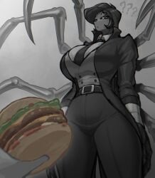 belt big_breasts breasts female food hamburger kindness oc original_character robot spider_girl suit suit_and_tie tagme thick_thighs zzzhodazzz