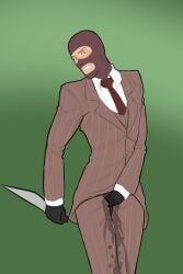 1boy blush knife male_focus male_only mask masked masked_male not_ai_generated omorashi peeing peeing_self random-anon-art soaked soaked_clothes solo spy_(team_fortress_2) suit tagme team_fortress_2 urine watersports weapon