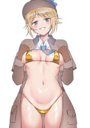 1girls ass_visible_through_thighs bikini blonde_hair blue_eyes blush breasts coat covered_nipples deerstalker detective emma_woods female gloves gold_bikini golden_week golden_week_bikini hahi_hos hat identity_v looking_at_viewer medium_breasts navel open_clothes open_coat shiny_bikini shirt short_hair solo thigh_gap thighs tie trenchcoat