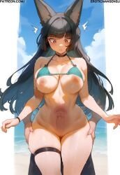 1boy 1girls 2d 2d_(artwork) ai_assisted artist_name bikini black_hair blunt_bangs breast_grab breasts color digital_drawing_(artwork) erotic_nansensu female female_focus from_behind hoshimi_miyabi large_breasts light-skinned_female light_skin male patreon_username penis pussy red_eyes sex simple_background straight_hair surprised swimsuit thick_thighs thigh_strap thighs watermark white_background wide_hips wise_(zenless_zone_zero) x-ray zenless_zone_zero