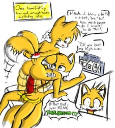 1boy 1girls anthro big_breasts blue_eyes bondage bound breasts canine duo english_text female fox fur furry_tail huge_breasts huge_cock male mammal multiple_tails norithics over_9000 penis rule_63 sega selfcest sex sonic_(series) tail tails tailsko text