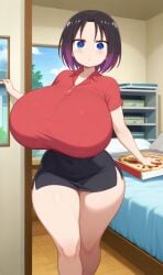 ai_generated black_hair blue_eyes elma_(dragon_maid) huge_breasts miss_kobayashi's_dragon_maid pizza_delivery thick_thighs two_tone_hair