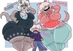 2025 accessory anthro ass big_breasts big_butt big_penis black_clothing black_dress black_nose bottomwear breasts brown_body brown_ears brown_fur brown_tail camel_toe closed_eyes clothed clothing cross cross_necklace daughter_(lore) dialogue digital_media_(artwork) domestic_cat dress english_text erection erection_under_clothing exclamation_point felid feline felis female flower flower_in_hair front_view fur furry furu_flami genital_outline genitals grandchild_(lore) grandmother_(lore) grandmother_and_grandchild_(lore) grandmother_and_grandson_(lore) grandparent_(lore) grandparent_and_grandchild_(lore) grandson_(lore) green_bottomwear green_clothing green_hoodie green_leggings green_legwear green_topwear grey_bottomwear grey_clothing grey_pants group hair hair_accessory hair_over_eyes hand_on_hip hand_on_own_hip hi_res hoodie huge_breasts huge_butt huge_cock hyper hyper_genitalia hyper_penis jewelry leggings legwear long_hair male male/female mammal mother_(lore) mother_and_child_(lore) mother_and_daughter_(lore) mother_and_son_(lore) multicolored_clothing multicolored_dress multicolored_sweater multicolored_topwear necklace pants parent_(lore) parent_and_child_(lore) parent_and_daughter_(lore) parent_and_son_(lore) penis pink_clothing pink_sweater pink_topwear plant pose purple_clothing purple_dress purple_hoodie purple_topwear pussy_outline sharp_teeth short_hair smile son_(lore) standing sweater tail tan_hair teeth text thick_thighs tongue topwear trio two_tone_clothing two_tone_dress two_tone_hoodie two_tone_sweater two_tone_topwear